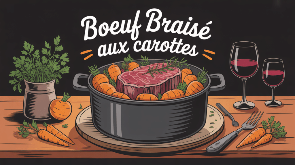 boeuf braisé aux carottes en cocotte fumante sur table rustique
