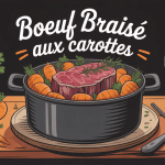 boeuf braisé aux carottes en cocotte fumante sur table rustique