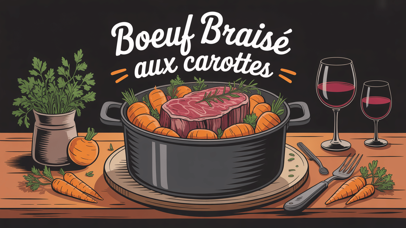 boeuf braisé aux carottes en cocotte fumante sur table rustique