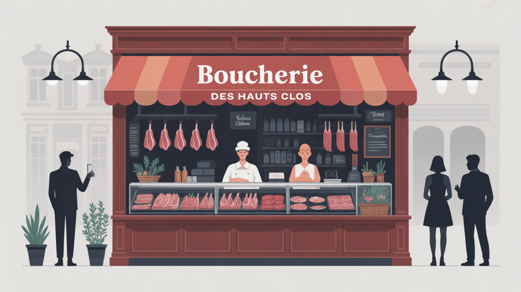 illustration boucherie des hauts clos vitrine ambiance chaleureuse