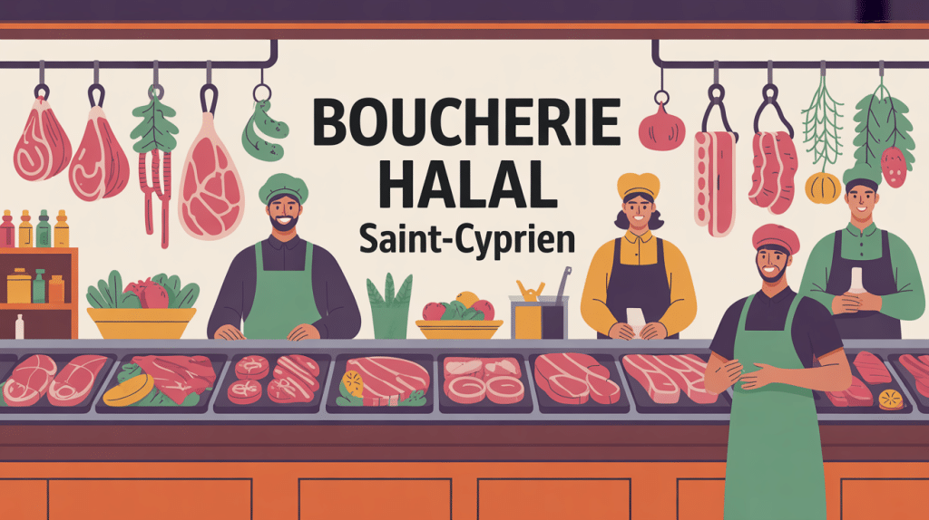 Boucherie halal Saint Cyprien, étals de viandes fraîches, ambiance accueillante