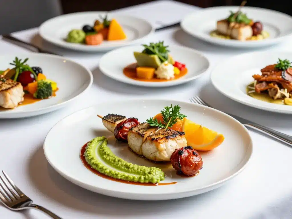 brochette saint jacques chorizo dressée avec purée légumes et herbes