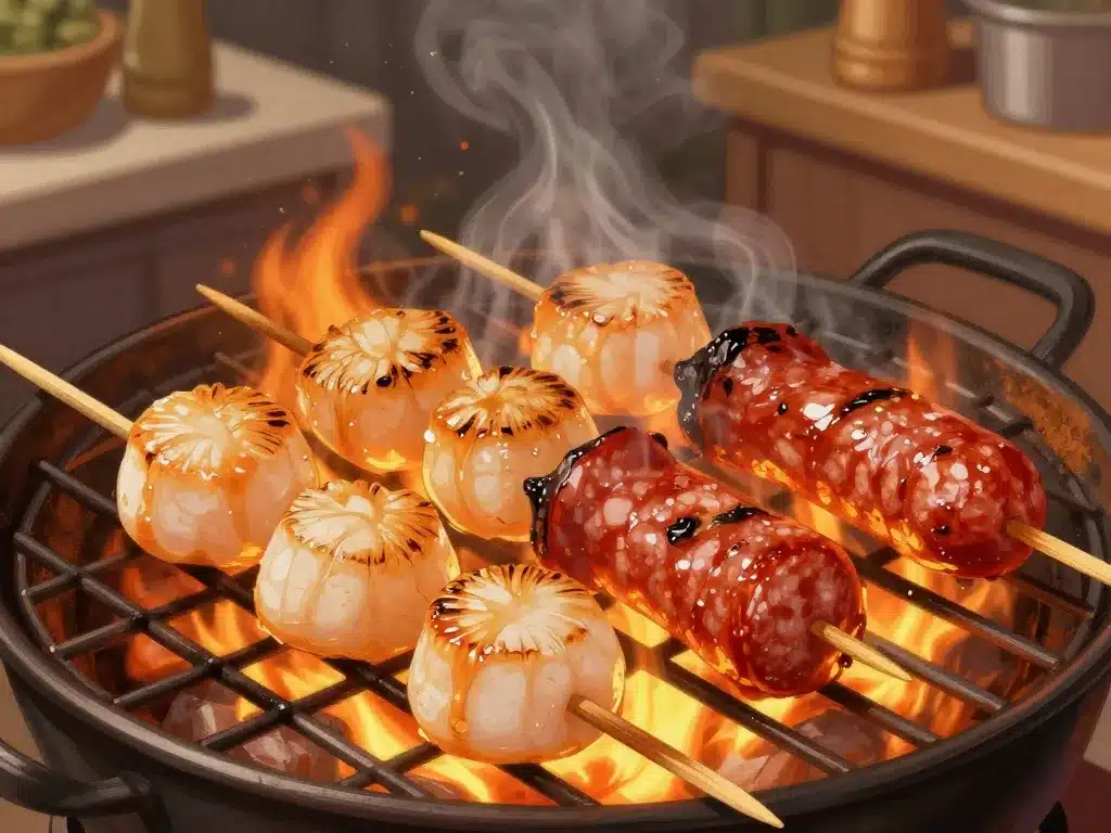 brochette saint jacques chorizo avec saint jacques et chorizo frais sur brochettes