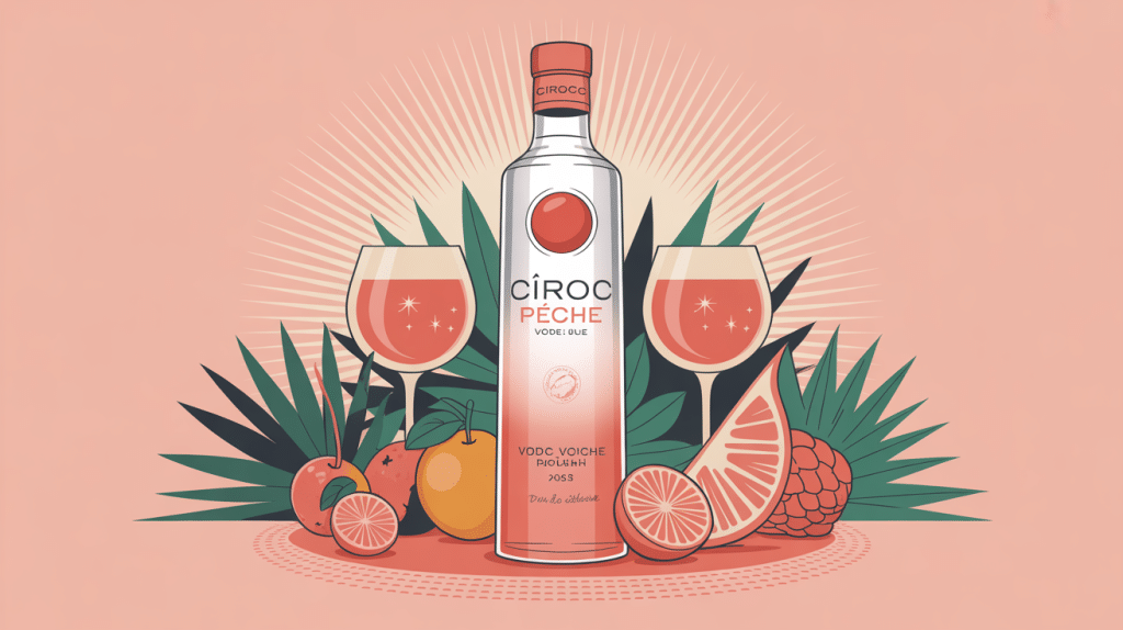 illustration moderne bouteille ciroc peche table fruits