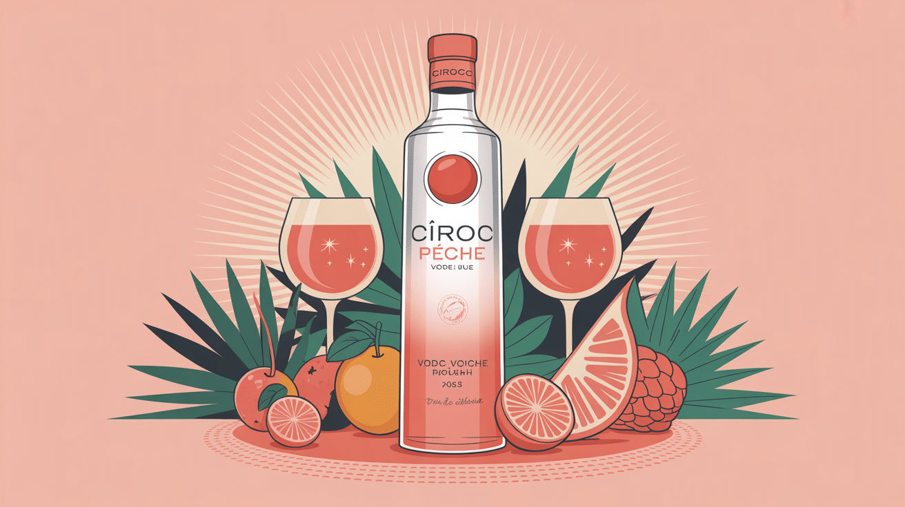 illustration moderne bouteille ciroc peche table fruits