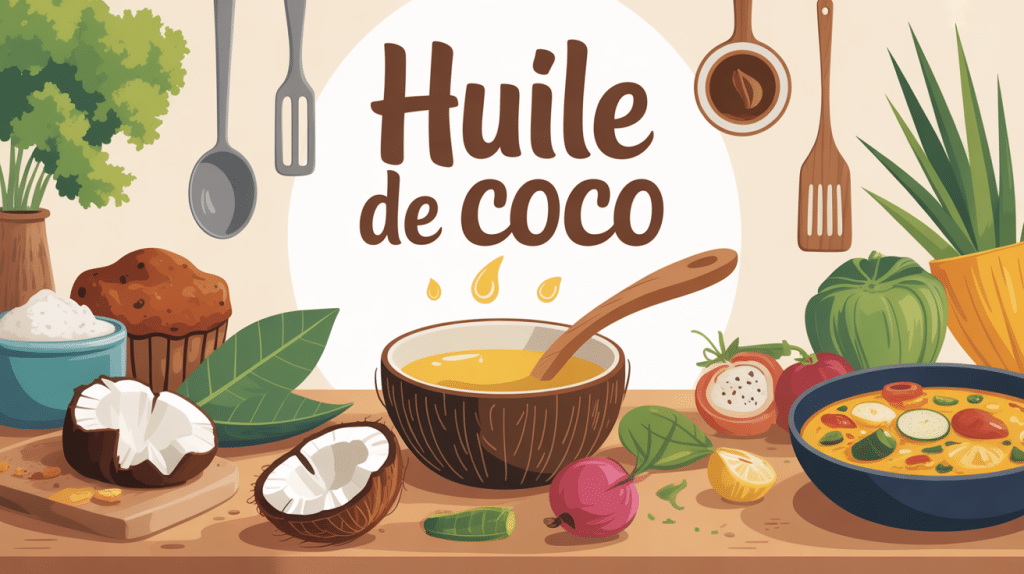 cuisiner l huile de coco en cuisine avec ustensiles et plats variés