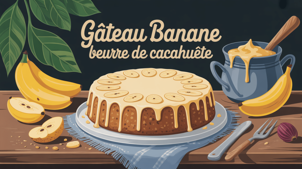 illustration gateau banane beurre de cacahuete sur table rustique