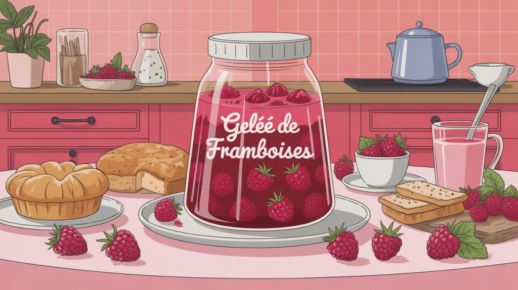 gelée de framboises avec sucre cristallisé dans une jarre entourée de tartines, brioches et fruits sur table lumineuse