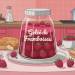 gelée de framboises avec sucre cristallisé dans une jarre entourée de tartines, brioches et fruits sur table lumineuse