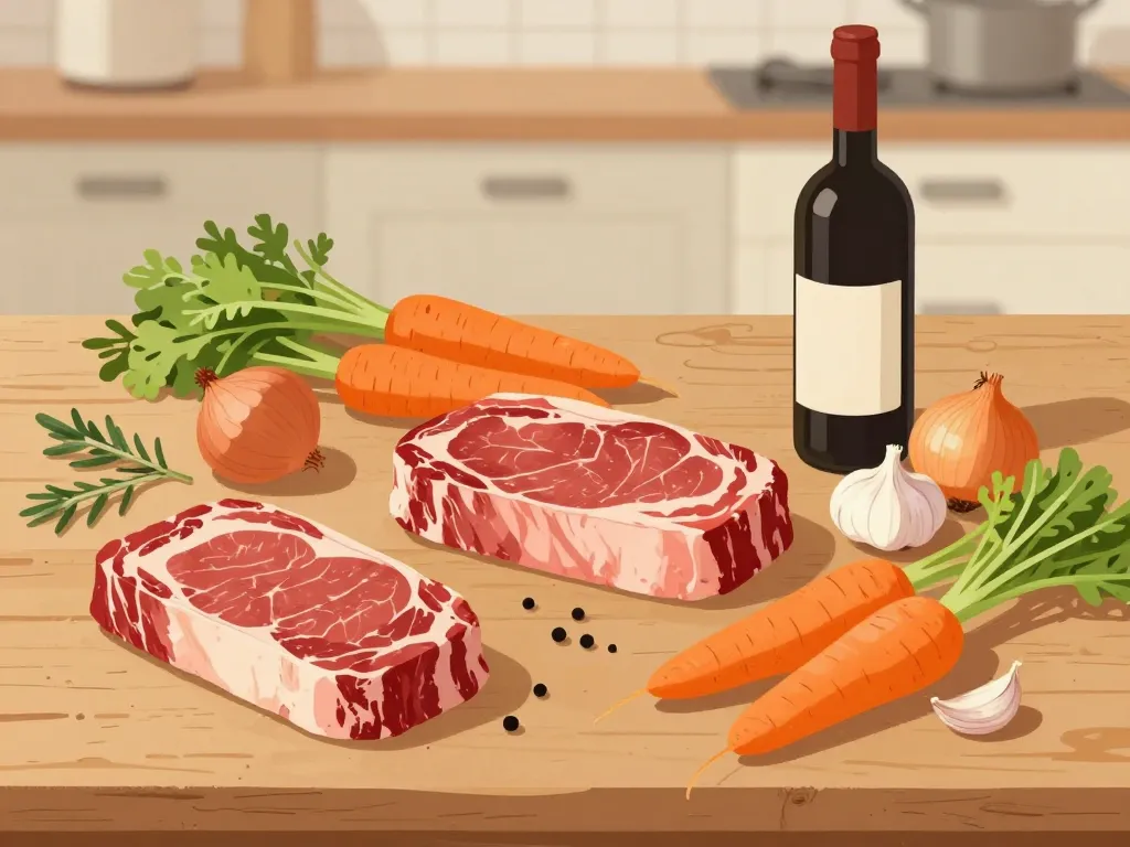 ingrédients boeuf braisé aux carottes sur table