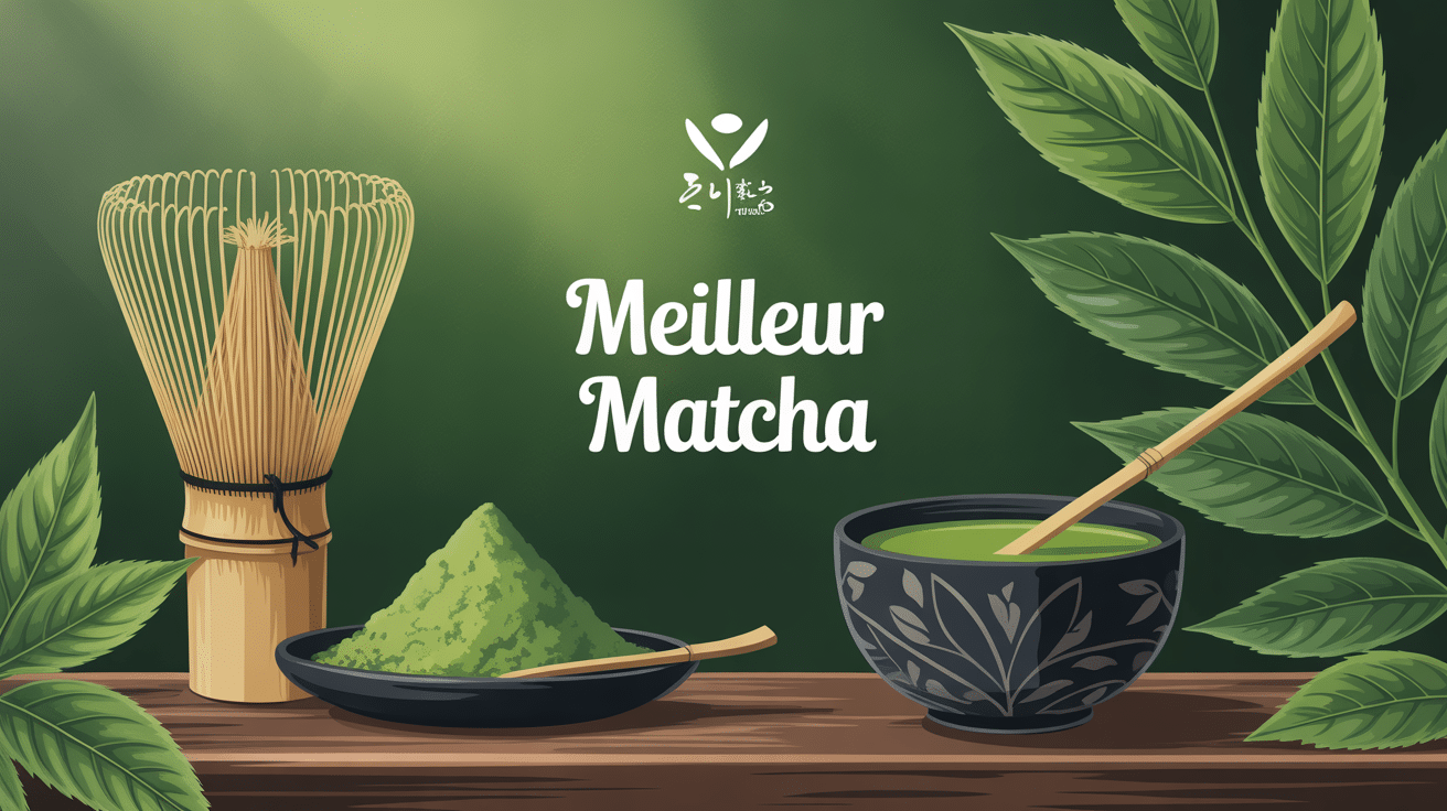 Illustration centrale meilleur matcha poudre verte bol fouet bambou