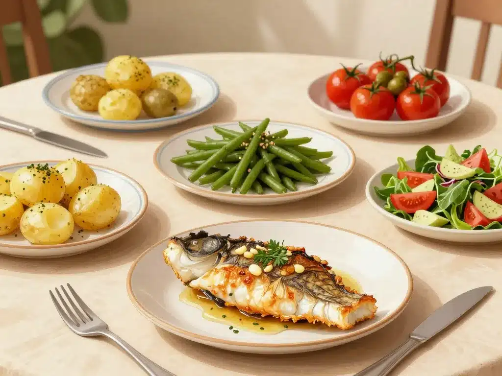 morue à l'ail à la poêle avec légumes et accompagnements méditerranéens