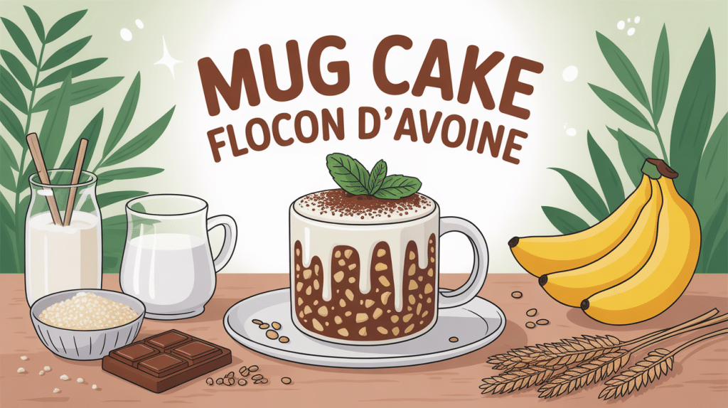 mug cake flocon d'avoine sur table avec ingrédients sains