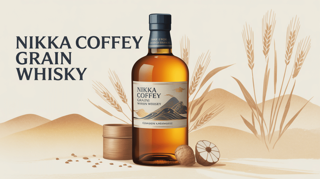 Illustration Nikka Coffey Grain Whisky avec bouteille et éléments japonais