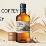 Illustration Nikka Coffey Grain Whisky avec bouteille et éléments japonais