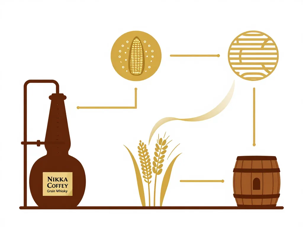 Diagramme production Nikka Coffey Grain Whisky avec Coffey still et céréales