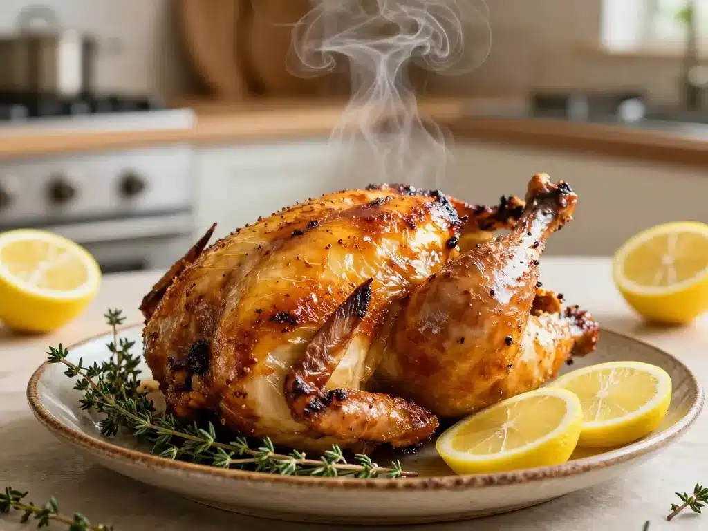 Poulet au thym et au citron rôti sur plat rustique