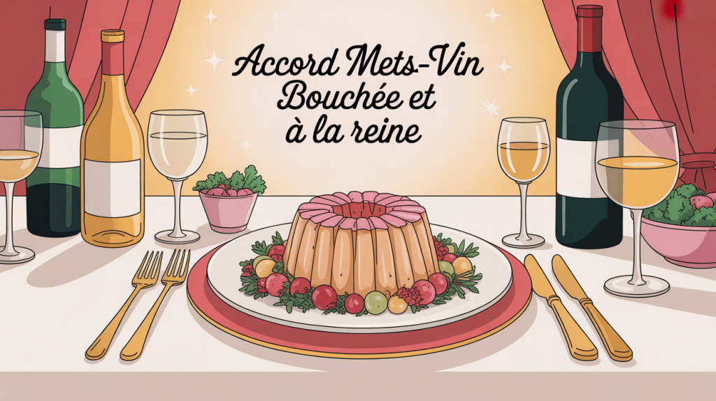 Illustration stylisée quel vin avec bouchée à la reine sur table raffinée