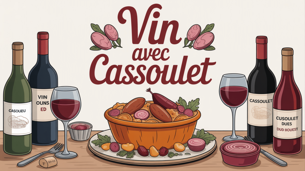 illustration table cassoulet et vin rouge sud ouest