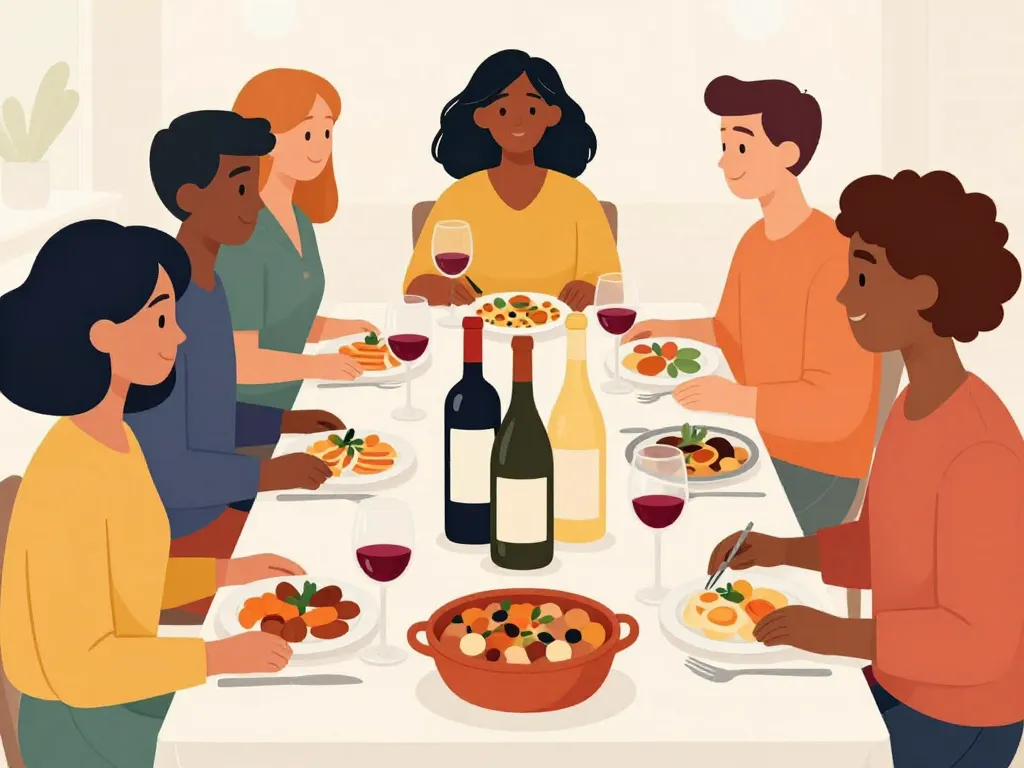dîner convivial cassoulet avec choix de vins rouge blanc rosé