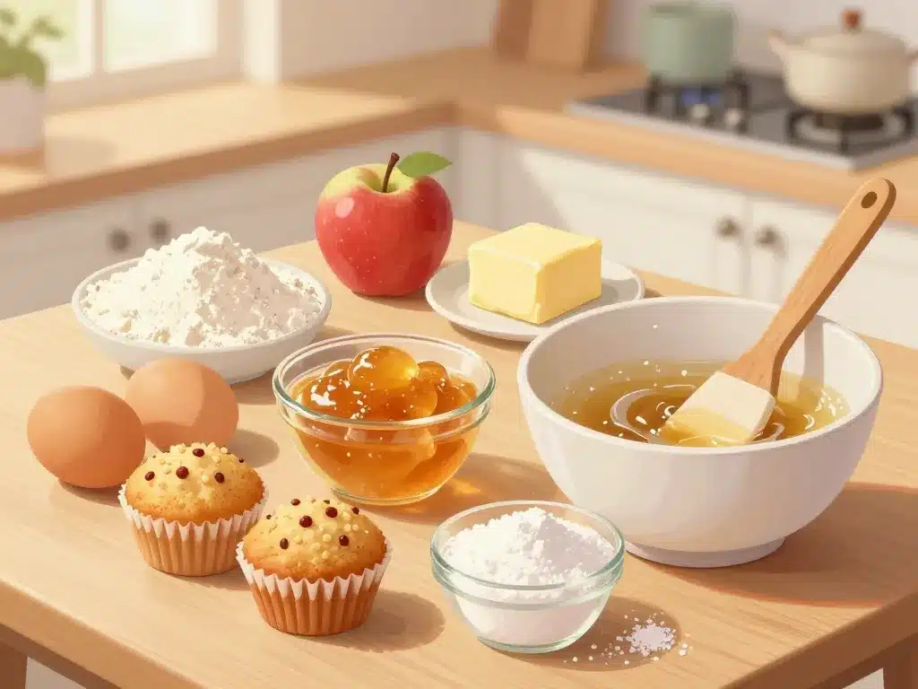 ingredients pour muffins a la compote de pommes editorial