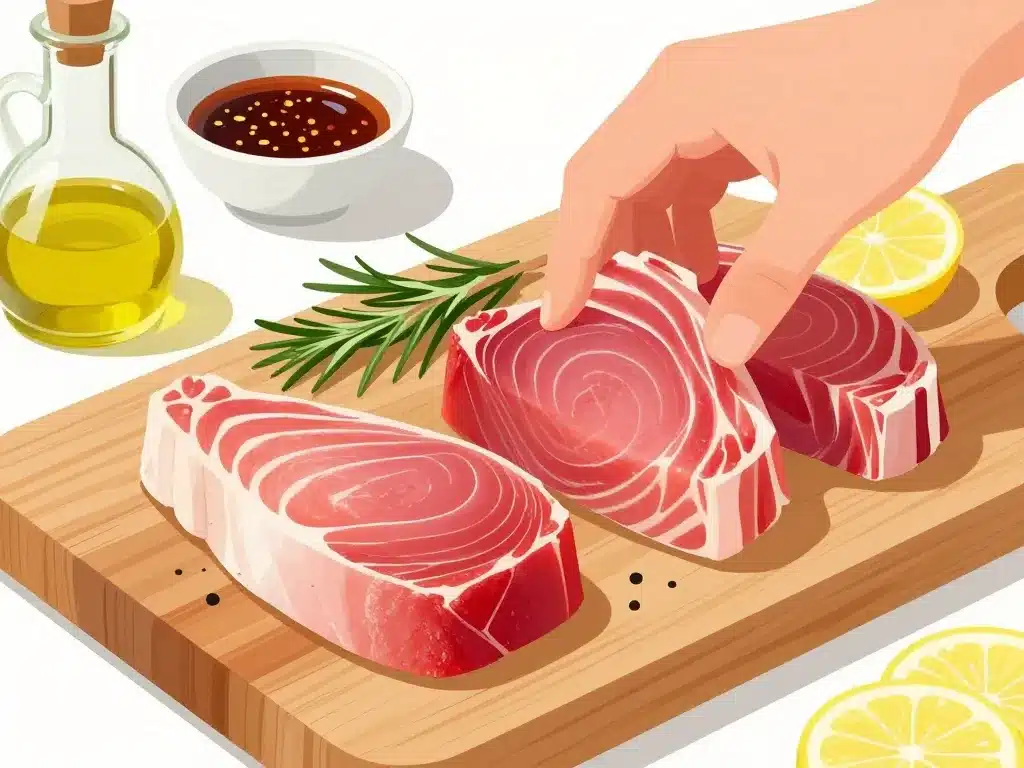 Préparation d'une recette de steak de thon frais sur planche