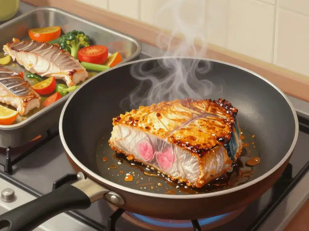 Cuisson d'une recette de steak de thon à la poêle et au four