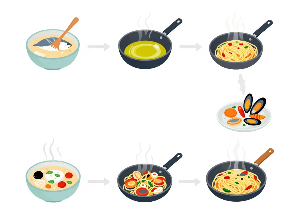 recette fideua catalane, schéma étapes cuisson maison