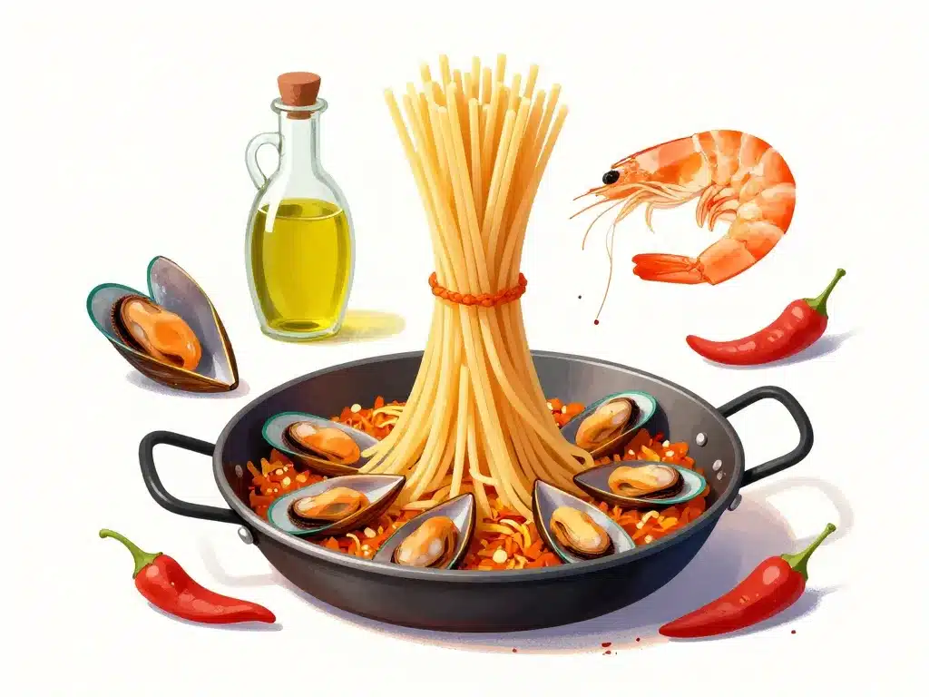 recette fideua catalane, paella pan et ingrédients typiques