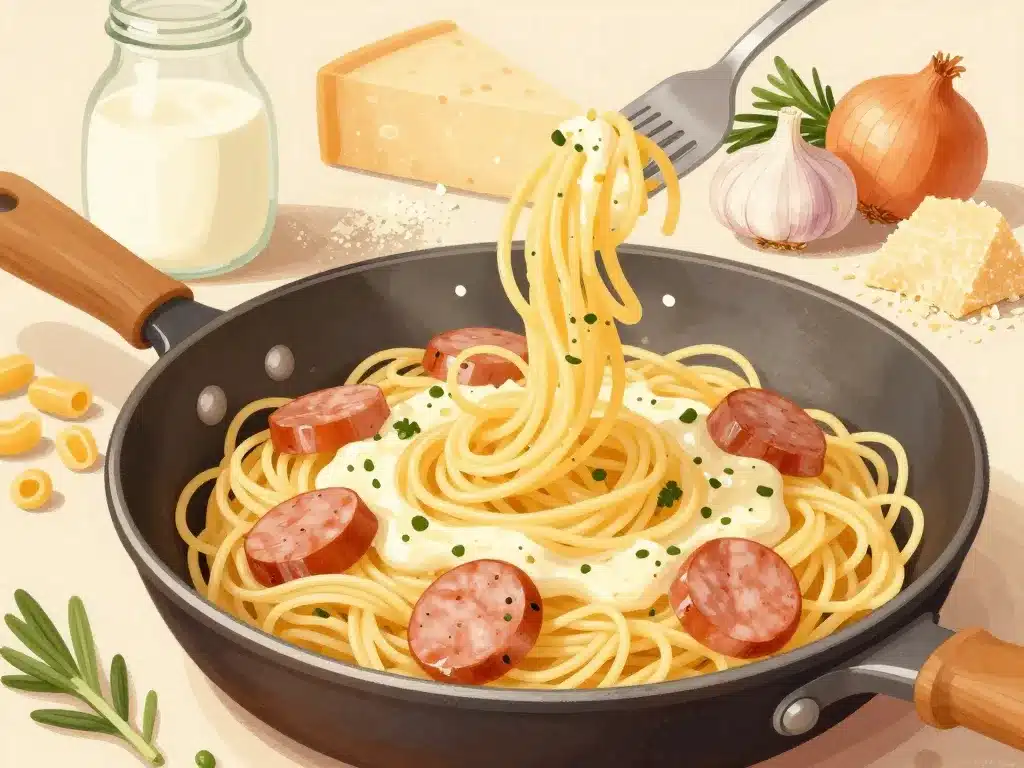 recette pâte saucisse creme fraîche vue rapprochée dans poêle