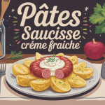 recette pâte saucisse creme fraîche illustrée sur table conviviale