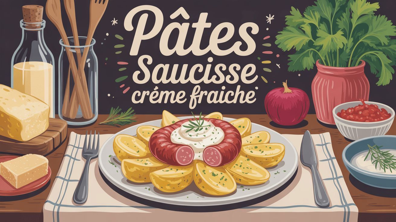 recette pâte saucisse creme fraîche illustrée sur table conviviale