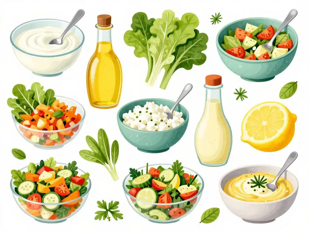 sauce sans huile pour salade ingrédients variés autour de salades