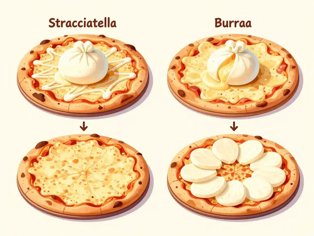 stracciatella on pizza comparée à burrata et mozzarella en diagramme