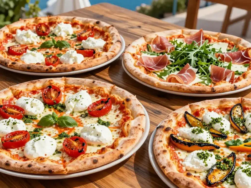 stracciatella on pizza avec tomates, prosciutto, roquette et légumes grillés