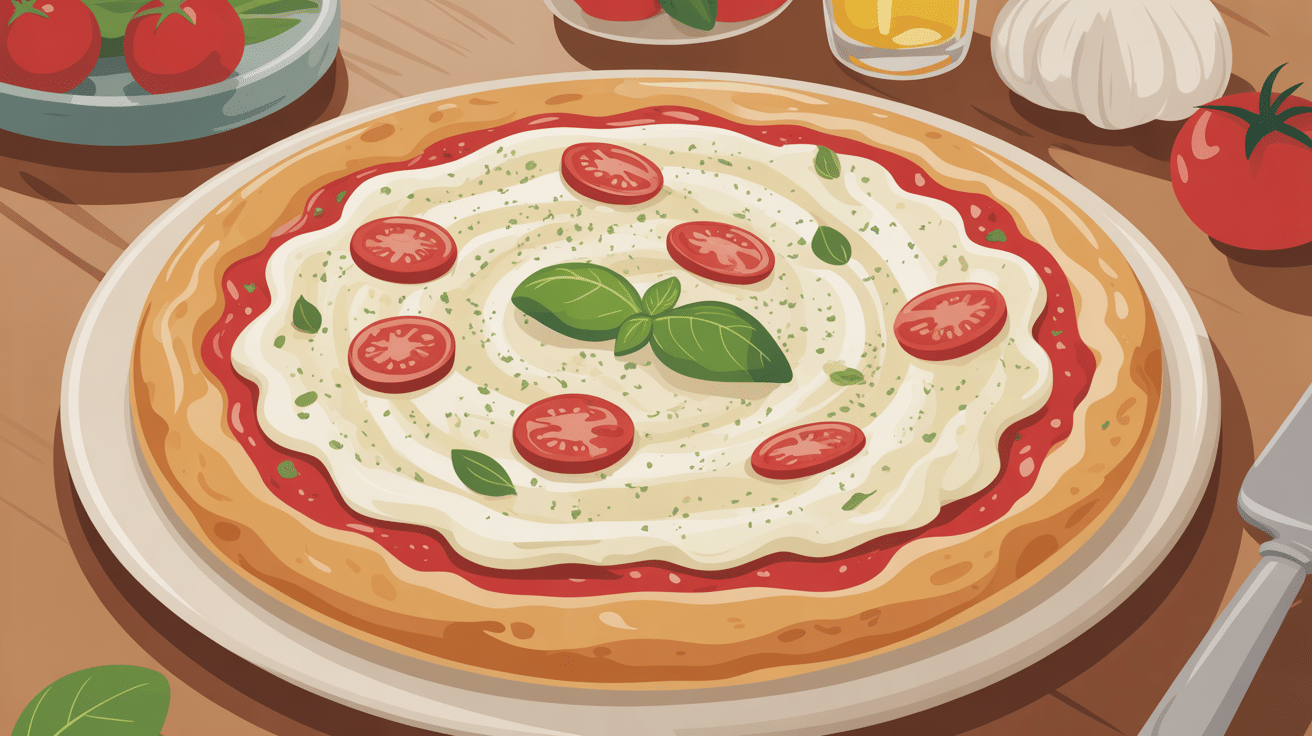 stracciatella on pizza sur pâte dorée avec tomates rôties et basilic