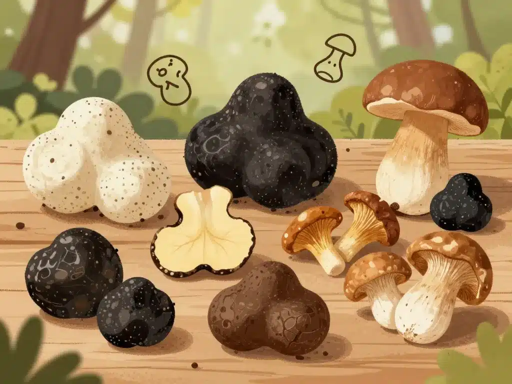 variétés tartufo e funghi sur table rustique