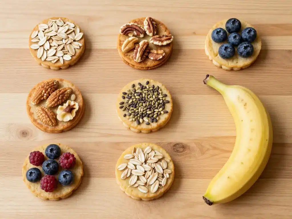 variantes gourmandes de galette flocons d'avoine banane avec toppings